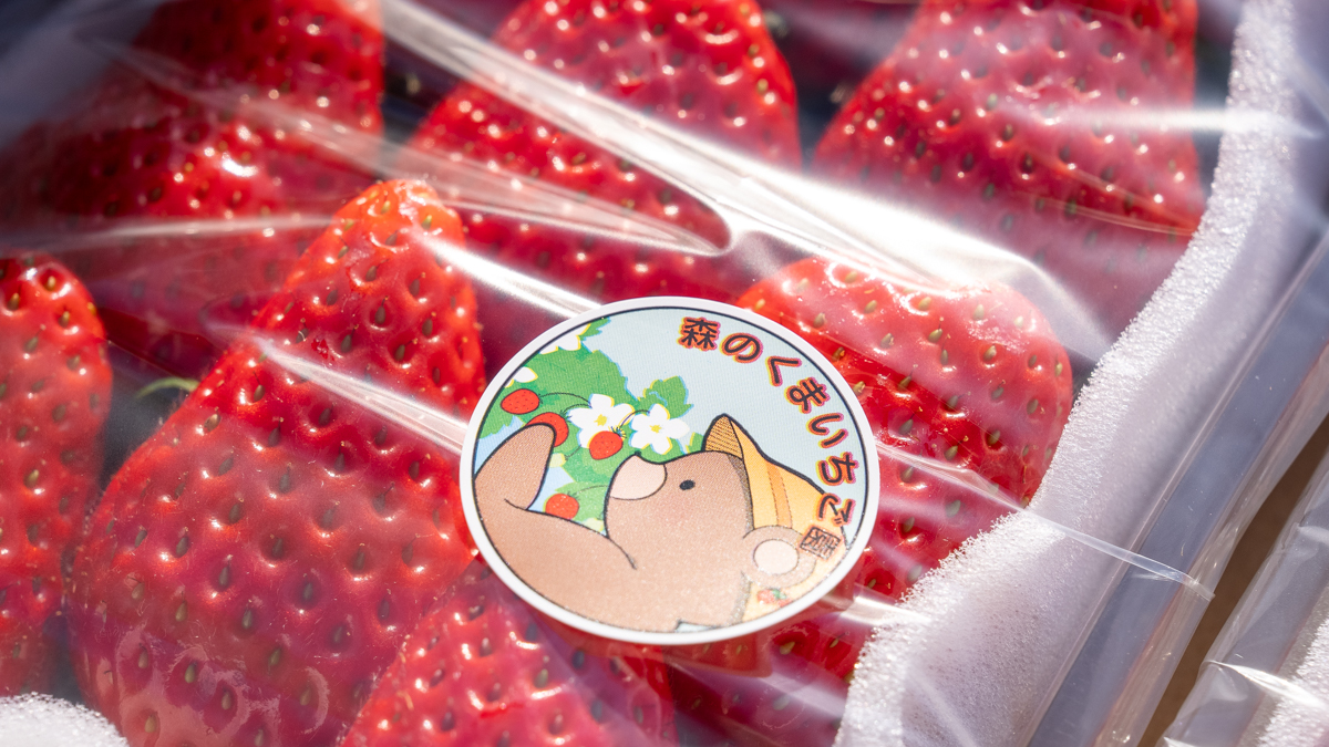 写真：イチゴのパッケージに貼られているクマのキャラクターシール