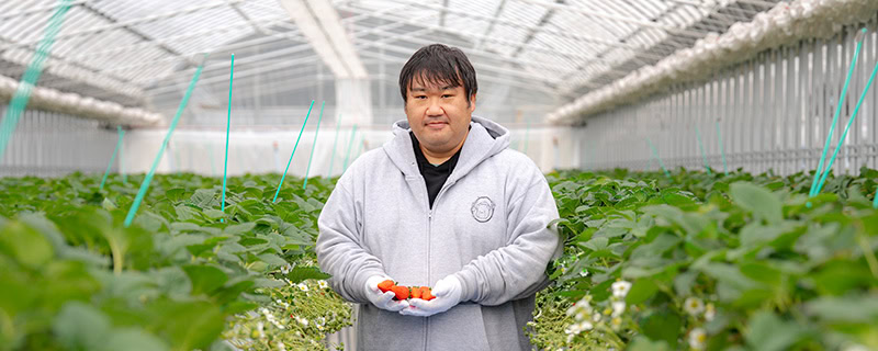 写真：大久保さんがイチゴを両手に持っている様子