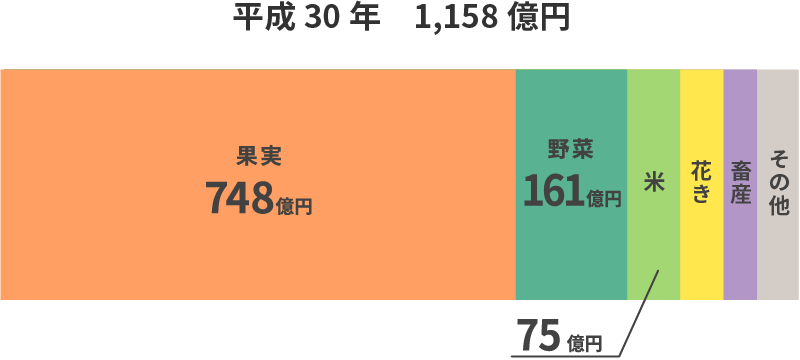 和歌山県農業産出額のグラフ 平成30年計1,158億円 果実748億円 野菜161億円 米75億円 花き 畜産 その他